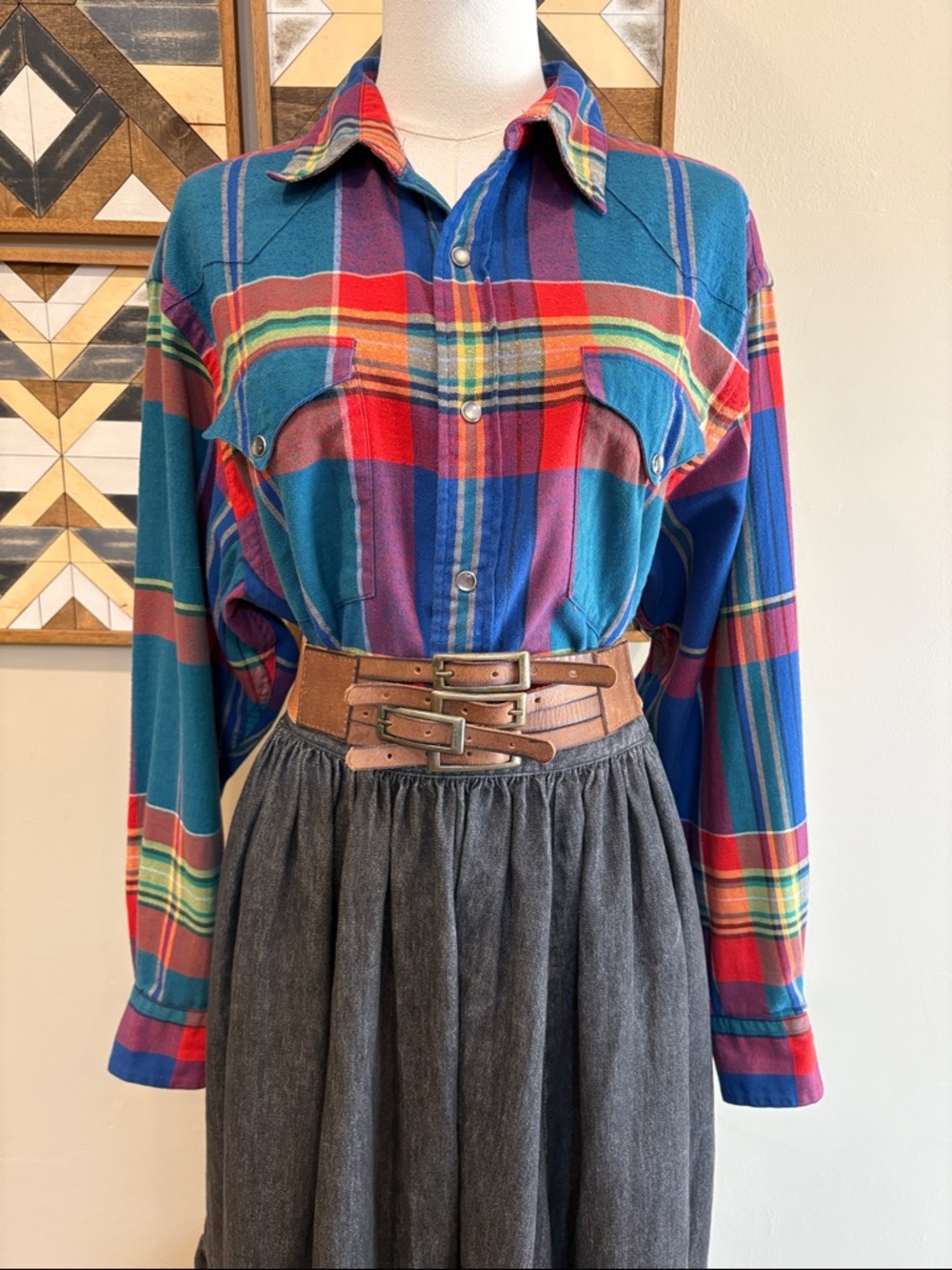 Vintage Ralph Lauren Country Plaid Flannel Western Button-Up Blouse size Large